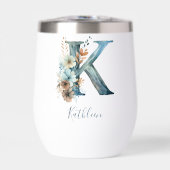 Monogram Initiaal K Blauwe Bloemen Waterverf Gift (Voorkant)