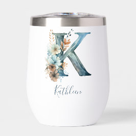 Monogram Initiaal K Blauwe Bloemen Waterverf Gift 
