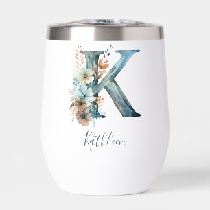 Monogram Initiaal K Blauwe Bloemen Waterverf Gift 