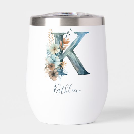 Monogram Initiaal K Blauwe Bloemen Waterverf Gift (Voorkant)