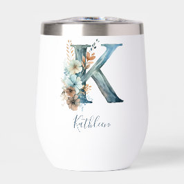 Monogram Initiaal K Blauwe Bloemrijke Waterverf Ca