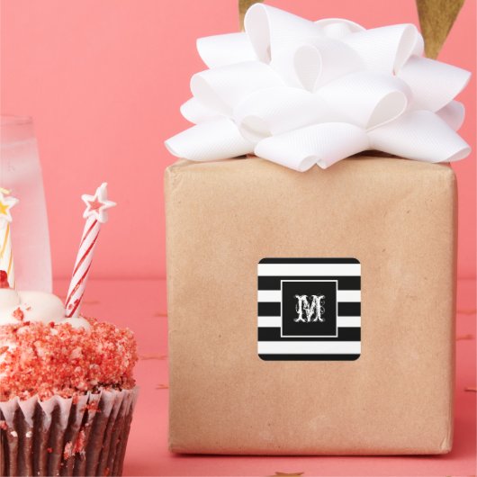 Monogram Initiaal Klasse Chic Cool B & W Gestreept Vierkante Sticker (Feest)