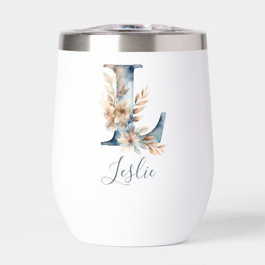 Monogram Initiaal L Blauwe Bloemen Waterverf Gift (Voorkant)