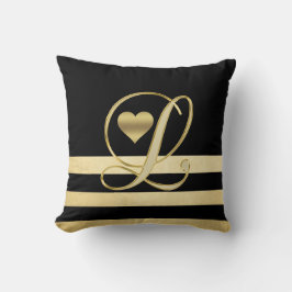 Monogram Initiaal 'L' Gold Black Heart Throw Kussen