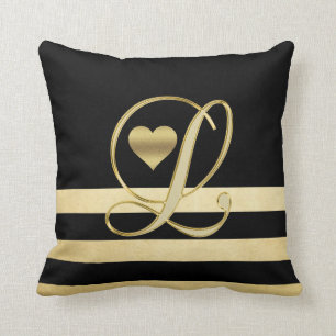 Monogram Initiaal 'L' Gold Black Heart Throw Kussen