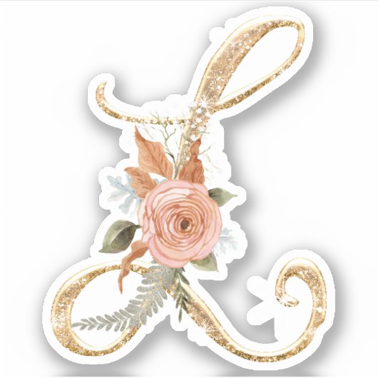 Monogram Initiaal L Goud Glitter Pioen Roos Bloeme Sticker (Voorkant)