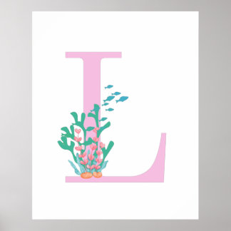 Monogram Initiaal L Monogram Roze Teal Koraal Post Poster