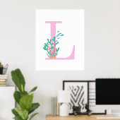 Monogram Initiaal L Monogram Roze Teal Koraal Post Poster (Thuiskantoor)