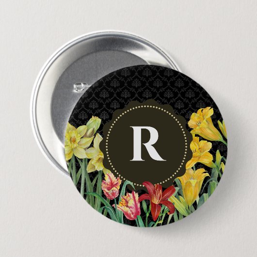 Monogram Initiaal Lente Bloemen Damast Achtergrond Ronde Button 7,6 Cm (Voorkant /achterkant)