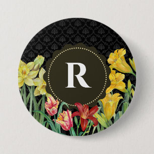 Monogram Initiaal Lente Bloemen Damast Achtergrond Ronde Button 7,6 Cm