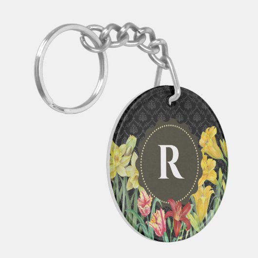 Monogram Initiaal Lente Bloemen Damast Achtergrond Sleutelhanger (Voorkant Links)