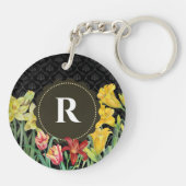 Monogram Initiaal Lente Bloemen Damast Achtergrond Sleutelhanger (Achterkant)