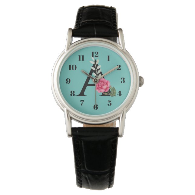 Monogram Initiaal Letter A in White Roze Rose Horloge (Voorkant)