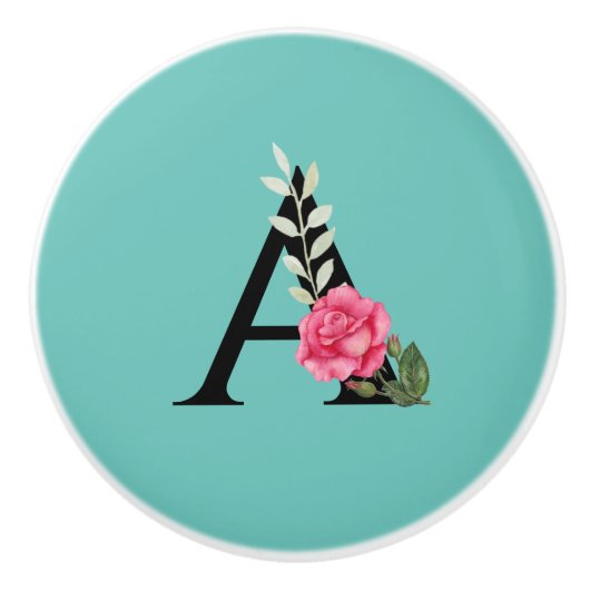 Monogram Initiaal Letter A in White Roze Rose Keramische Knop (Voorkant)
