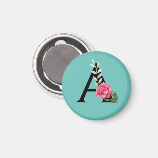 Monogram Initiaal Letter A in White Roze Rose Magneet (Voorkant / Achterkant)