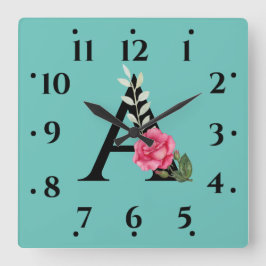 Monogram Initiaal Letter A in White Roze Rose Vierkante Klok