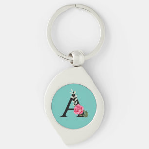 Monogram Initiaal Letter A in Witte Roze Roos Sleutelhanger