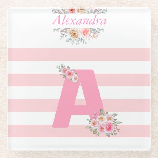 Monogram Initiaal Letter A  roze letter A Glazen Onderzetter (Voorkant)