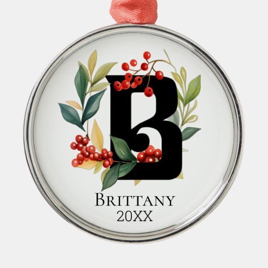 Monogram Initiaal letter B Berry krans kerst Metalen Ornament (Voorkant)