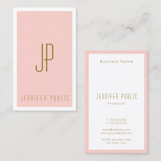 Monogram Initiaal Letter Blush Pink Gold Verticaal Visitekaartje (Voorkant / Achterkant)