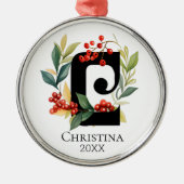 Monogram Initiaal letter C Berry krans kerst Metalen Ornament (Voorkant)