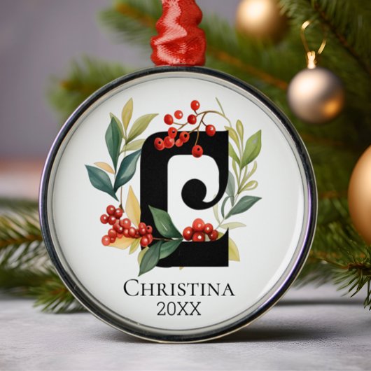 Monogram Initiaal letter C Berry krans kerst Metalen Ornament
