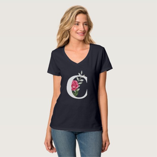 Monogram Initiaal letter C in witte roze roos T-shirt (Voorkant volledig)