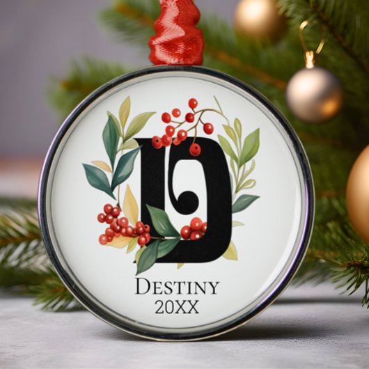 Monogram Initiaal letter D Berry krans kerst Metalen Ornament