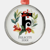 Monogram Initiaal Letter F Beskrans Kerstmis Metalen Ornament (Voorkant)
