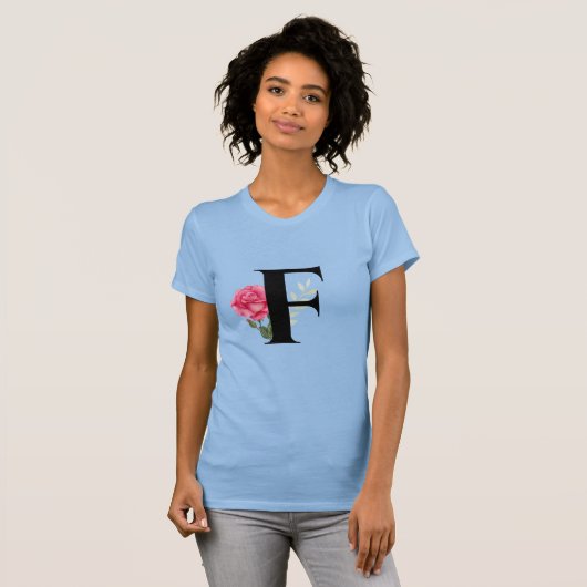 Monogram Initiaal Letter F in zwart met roze Rose T-shirt (Voorkant volledig)