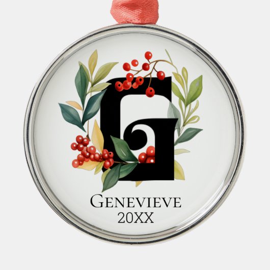 Monogram Initiaal Letter G Beskrans Kerstmis Metalen Ornament (Voorkant)