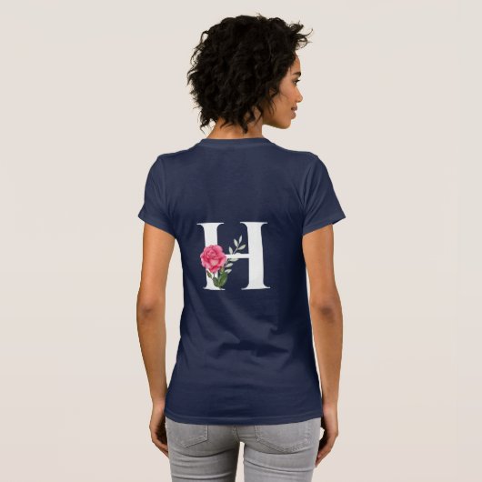 Monogram Initiaal letter H in wit met roze roos T-shirt (Achterkant volledig)