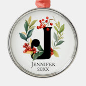 Monogram Initiaal Letter J Beskrans Kerstmis Metalen Ornament (Voorkant)