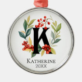 Monogram Initiaal Letter K Beskrans Kerstmis Metalen Ornament (Voorkant)