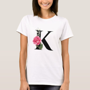 Monogram Initiaal Letter K in zwart met roze Rose T-shirt