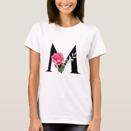 Monogram Initiaal Letter M in zwart met roze roos T-shirt