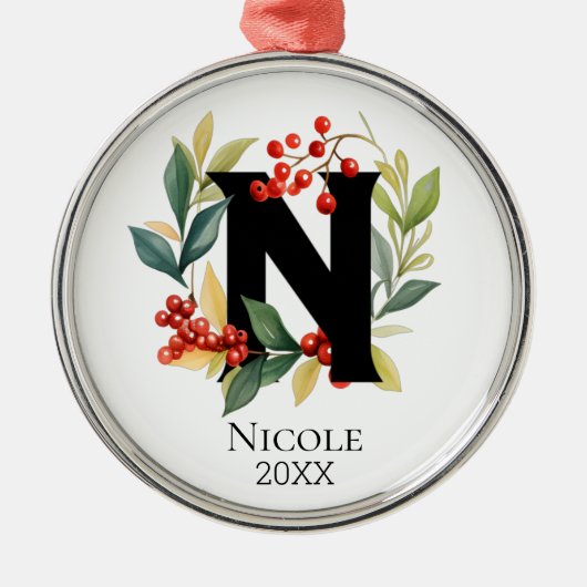 Monogram Initiaal letter N Berry krans kerst Metalen Ornament (Voorkant)