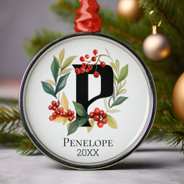 Monogram Initiaal letter P Berry krans kerst Metalen Ornament