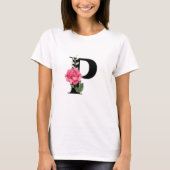 Monogram Initiaal Letter P in zwart met roze roos T-shirt (Voorkant)