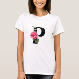 Monogram Initiaal Letter P in zwart met roze roos T-shirt
