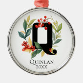 Monogram Initiaal Letter Q Beskrans Kerstmis Metalen Ornament (Voorkant)