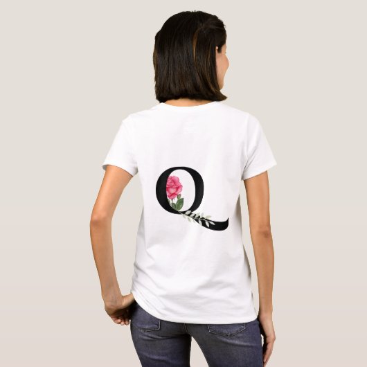 Monogram Initiaal Letter Q in zwart met roze Rose T-shirt (Achterkant volledig)