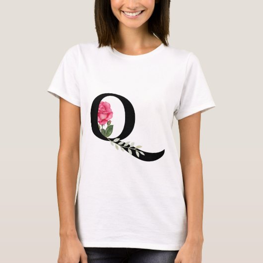 Monogram Initiaal Letter Q in zwart met roze Rose T-shirt (Voorkant)