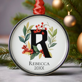 Monogram Initiaal letter R Berry krans kerst Metalen Ornament