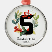 Monogram Initiaal letter S Berry krans kerst Metalen Ornament (Voorkant)