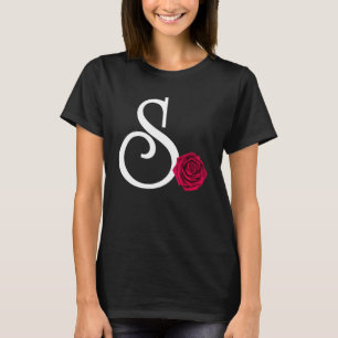 Monogram Initiaal Letter S met Red Rose op zwart B T-shirt
