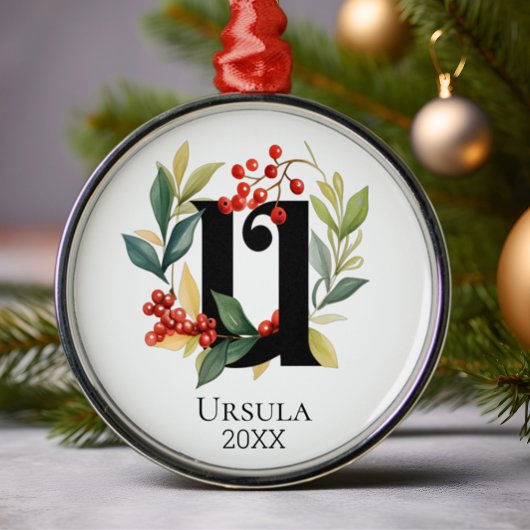 Monogram Initiaal letter U Berry krans kerst Metalen Ornament