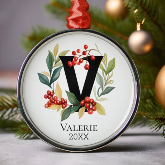 Monogram Initiaal letter V Berry krans kerst Metalen Ornament