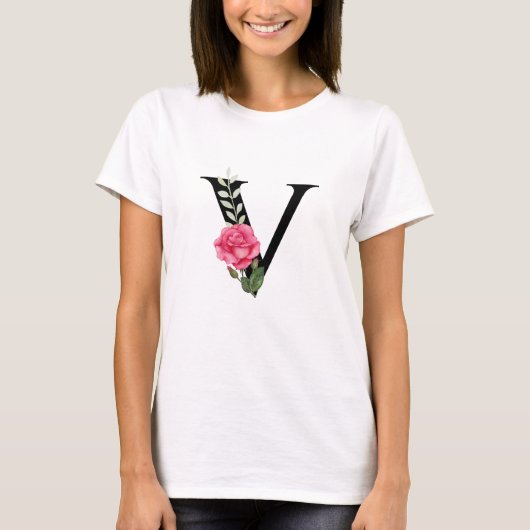 Monogram Initiaal Letter V in zwart met roze roze  T-shirt (Voorkant)