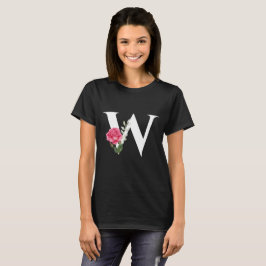 Monogram Initiaal Letter W in wit met roze roos T-shirt
